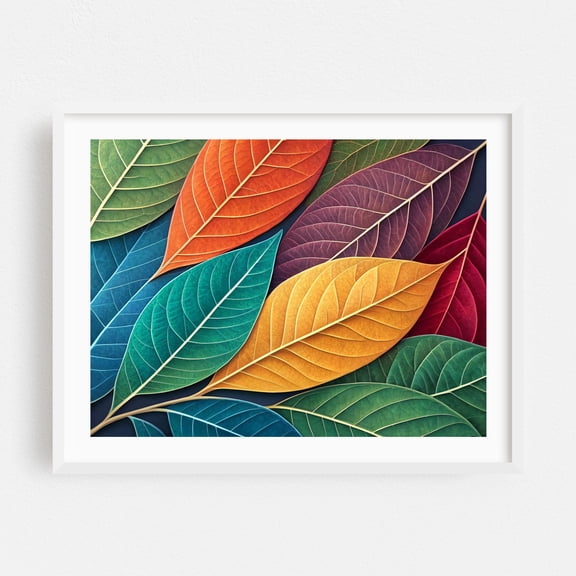 Vibrant Overlap: A Symphony of Leaves - Illustration White Framed Wall Art Print 18 x 24 inches