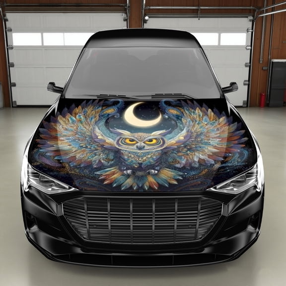 Vibrant Owl & Crescent Moon Car Hood Decal - Self-Adhesive Waterproof PVC Anti-Slip Sticker with Colorful Feather Design, Glossy Finish & Easy Application for Cars, Motorcycles, SUVs - Fit Exterior V