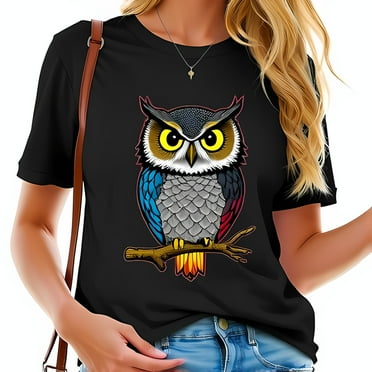 Vibrant Owl Graphic T-Shirt for Women Casual Black Tee with Colorful Owl Design Perfect for Everyday Wear