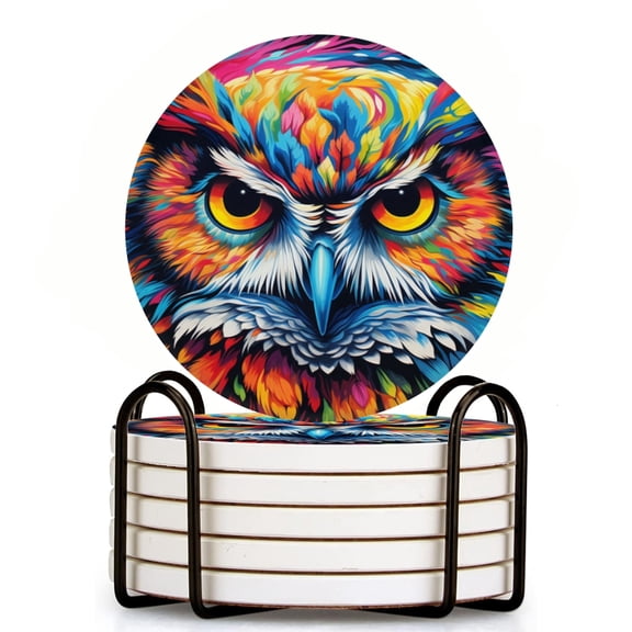 Vibrant Owl With Piercing Eyes Set of 6 Ceramic Coasters with Holder, Absorbent Drink Bar Coasters, Table Coasters for Living Room Decor Tabletop Protection