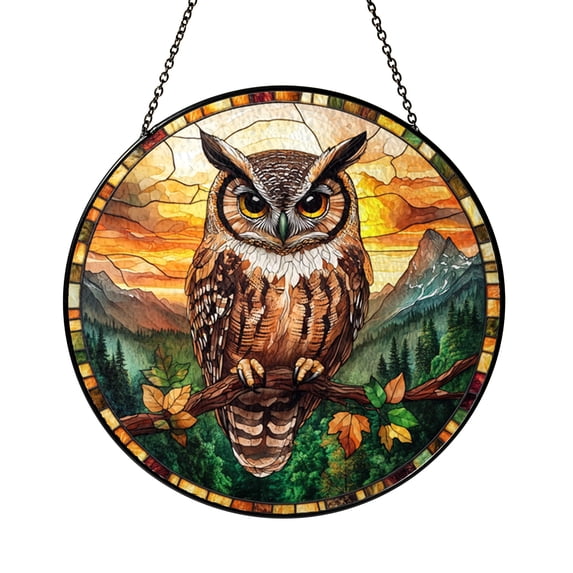 Vibrant Owl Stained Glass Art with Scenic Sunset and Forest Background ...