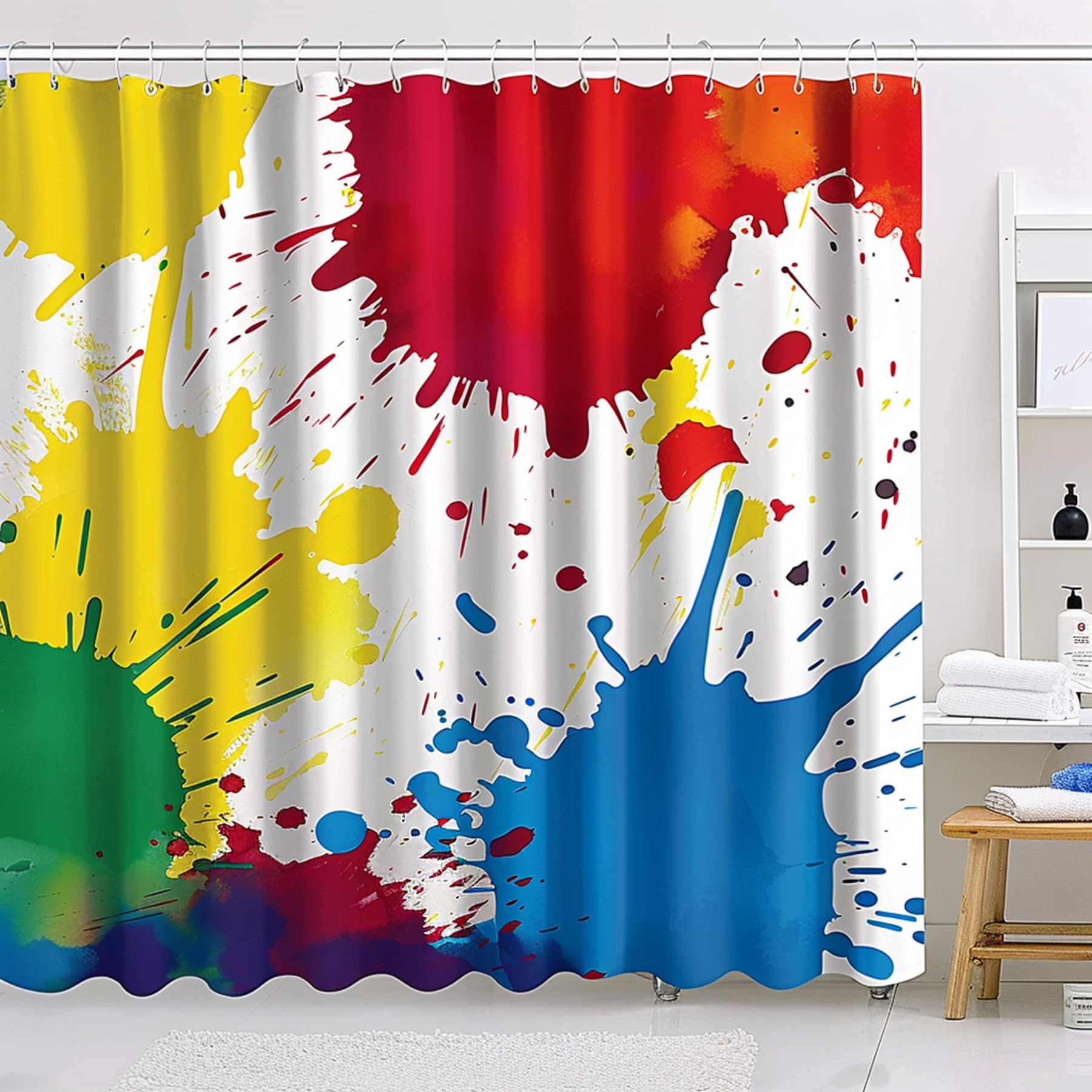 Vibrant Paint Splatter Shower Curtain Colorful Brush Strokes Cartoon