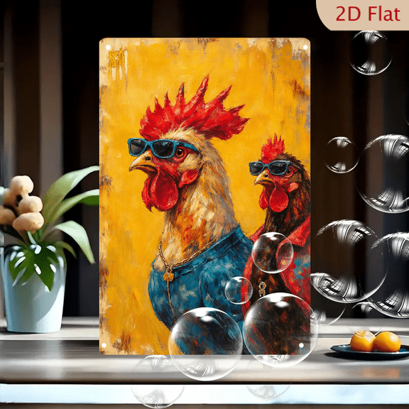 Vibrant Painterly 8x12in Metal Wall Art Featuring Cool Anthropomorphic Chickens in Sunglasses and Denim, Energetic Yellow Orange Background, Bold Brushstrokes Modern Home Decor