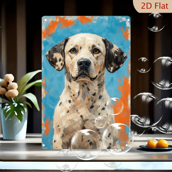 Vibrant Painterly Dalmatian Dog Art Print, Cream Coat with Black Spots on Abstract Blue and Orange Background, 8x12 Inches Metal Wall Decor for Home Office