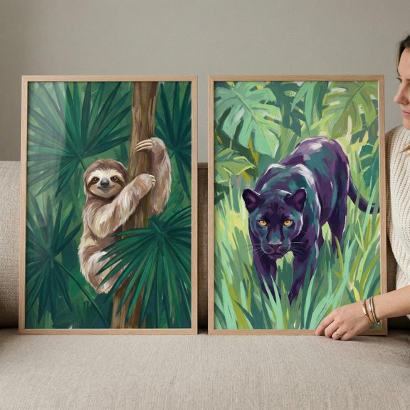 Vibrant Painterly Jungle Animals Wall Art Set of 2 sloth and panther decor rainforest prints jungle nursery decor exotic animal art Set 2
