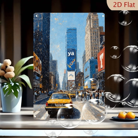 Vibrant Painterly NYC Times Square Street Scene with Yellow Taxis & Skyscrapers, 8x12 Inches Metal Wall Art Print for Living Room Decor
