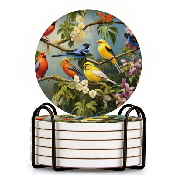 Vibrant Painting Of Various Birds Perched On Tree Branches Set of 6 Ceramic Coasters with Holder, Absorbent Drink Bar Coasters, Table Coasters for Living Room Decor Tabletop Protection