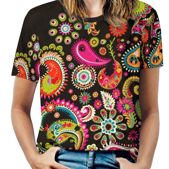 Vibrant Paisley Floral Black Background Design Women's Short Sleeve T-Shirt Crew Neck Casual Summer Trendy Loose Fit Tops