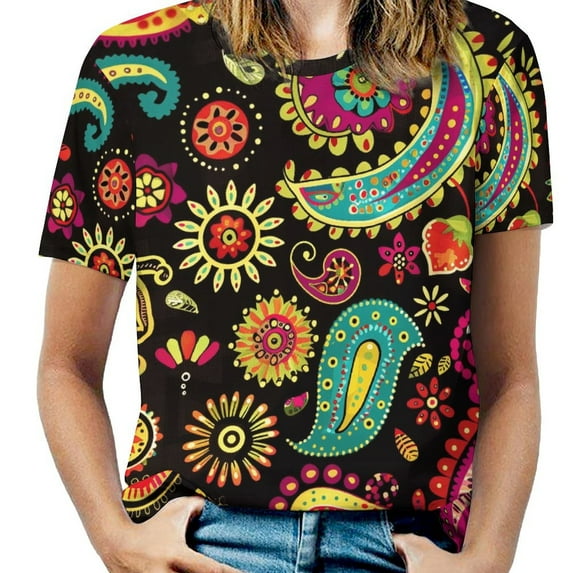 Vibrant Paisley Floral Colorful Pattern Design Women's Short Sleeve T-Shirt Crew Neck Casual Summer Trendy Loose Fit Tops