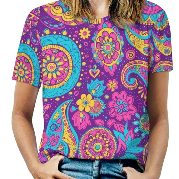 Vibrant Paisley Floral Colorful Pattern Design Women's Short Sleeve T-Shirt Crew Neck Casual Summer Trendy Loose Fit Tops