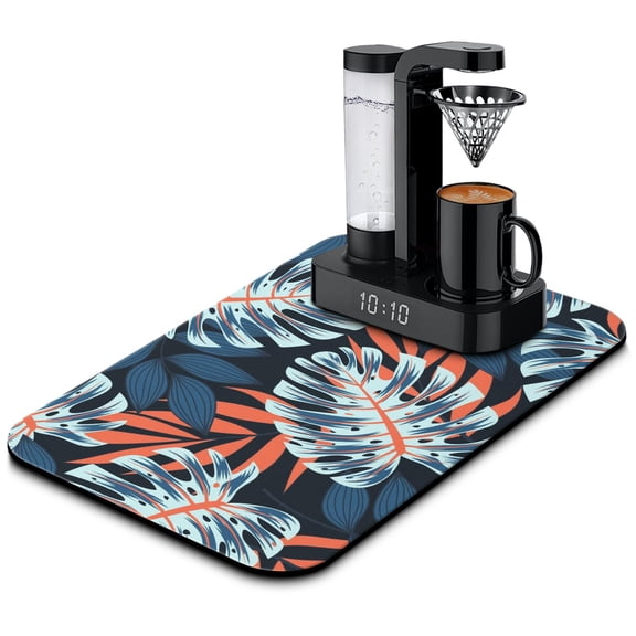 Vibrant Palm Leaf Coffee Mat, Absorbent Diatom Mud Drying Mat for Kitchen Counter, Jungle Leaf Summer Pad Under Coffee Maker