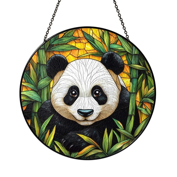 Vibrant Panda Stained Glass Circular Panel with Botanical Foliage, Charming Wildlife Window Decor for Home
