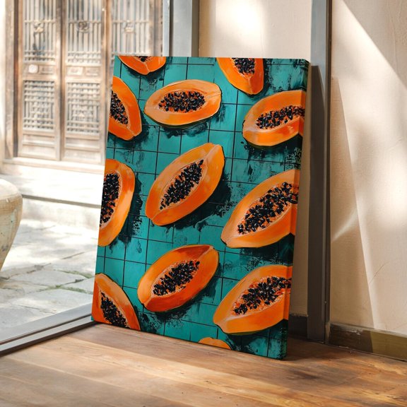 Vibrant Papaya Halves Against A Textured Teal Background In Bold Tropical Art Style Wall Art, Modern Wall Decor, 24x36 UNFRAMED