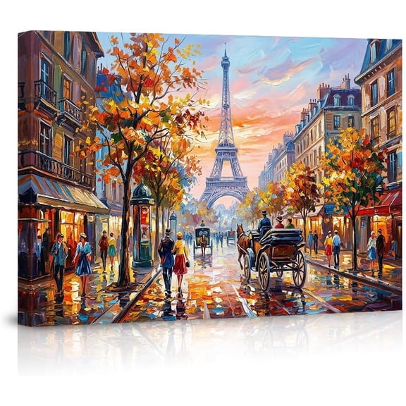 Vibrant Paris Eiffel Tower Canvas Wall Art, Impressionist Autumn Fall Street Scene Oil Painting, Colorful French European Cityscape Artwork Home Decor for Living Room Bedroom