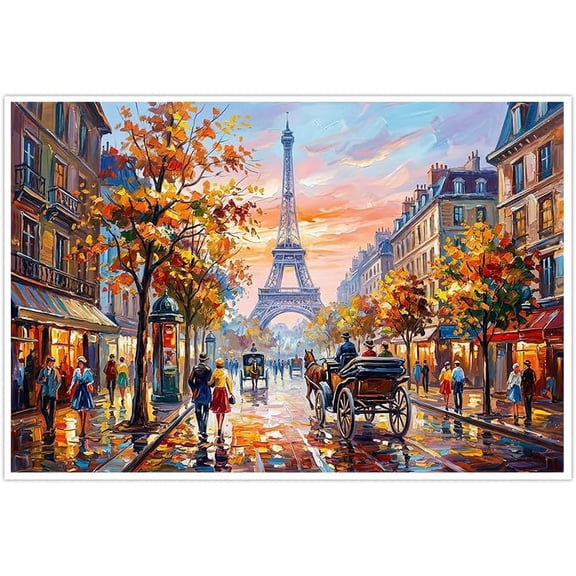 Vibrant Paris Eiffel Tower Canvas Wall Art, Impressionist Autumn Fall Street Scene Oil Painting, Colorful French European Cityscape Artwork Home Decor for Living Room Bedroom