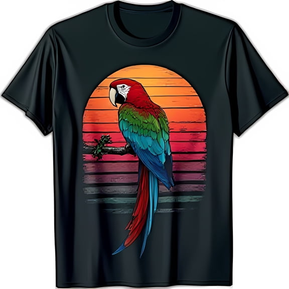 Vibrant Parrot Graphic on Black T-Shirt Eye Catching Sunset Design