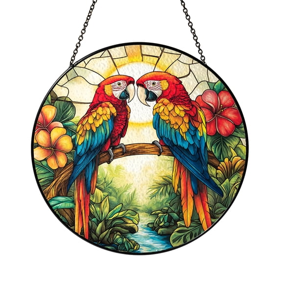 Vibrant Parrot Jungle Scene Stained Glass Suncatcher, Exotic Bird Window Decor, Tropical Nature Art Gift For Bright Living Spaces