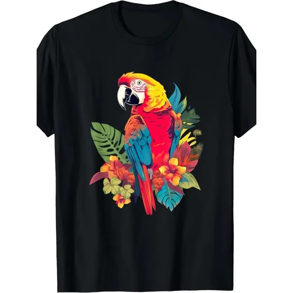 Vibrant Parrot & Tropical Foliage Graphic T-Shirt - 100% Cotton Casual Short Sleeve Tee for Men & Women, S-XXXL Sizes, Black - Perfect Gift for Bird Lovers
