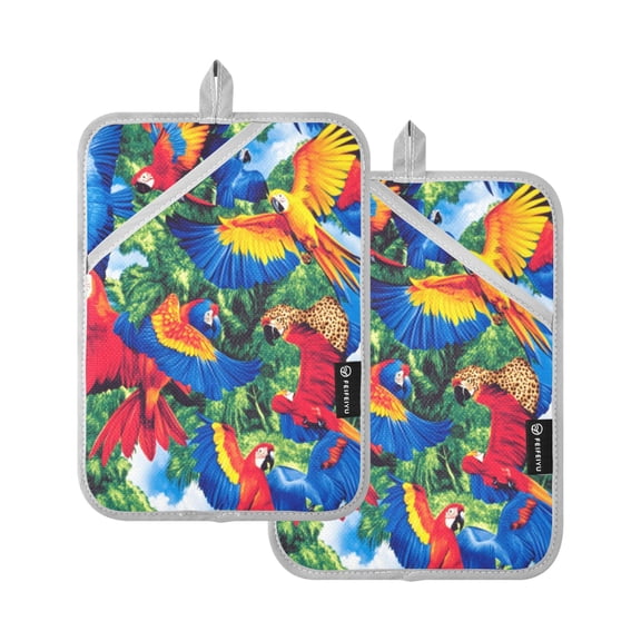 Vibrant Parrots 7x9.8in Pot Holder Set Heat-Resistant Oven Hot Pads Durable with Storage Loop