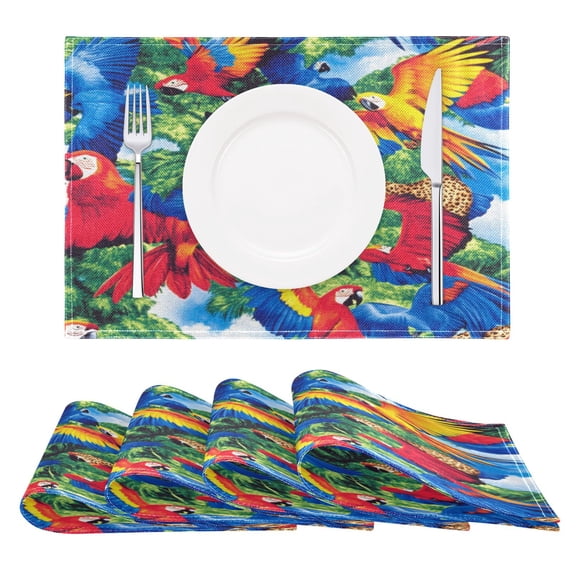 Vibrant Parrots Reversible Placemat Set of 4 Non Slip Coffee Mats 18x12 Inch for Dining, Kitchen, Coffee
