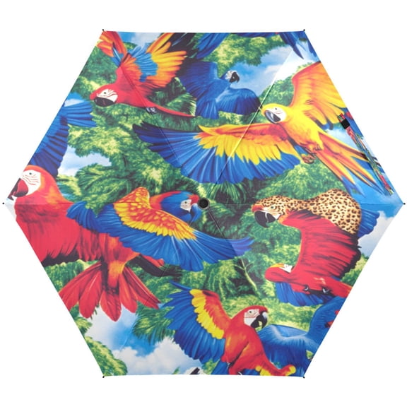 Vibrant Parrots Umbrellas for Sun Auto Open Close UV50+ Waterproof 5-Fold Compact Fiberglass Frame