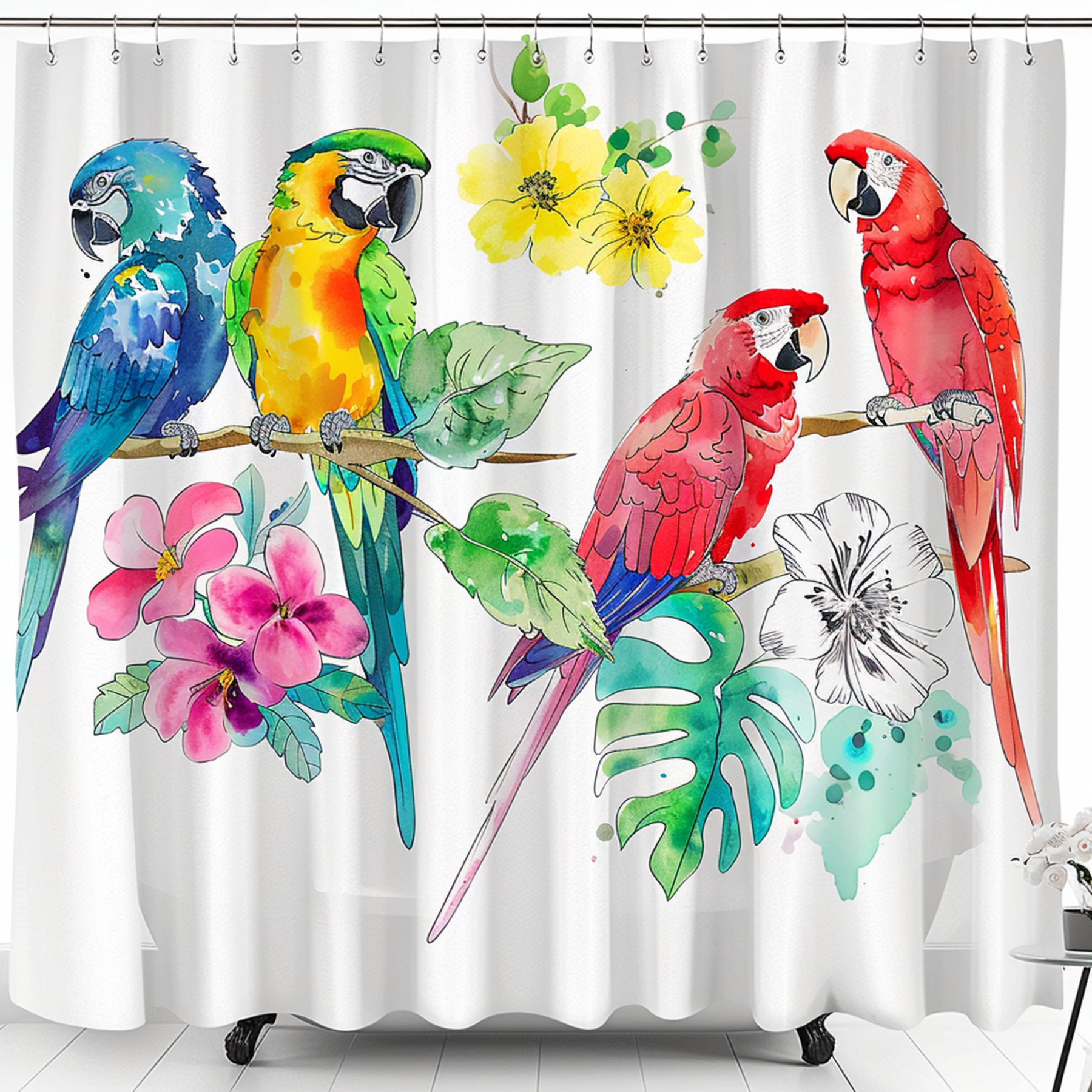Vibrant Parrots and Watercolor Flowers Shower Curtain Design Unique