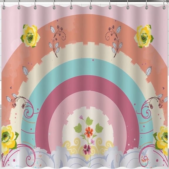 Vibrant Pastel Circle Shower Curtain with Floral Motifs - Cheerful & Whimsical Design for or Bathroom