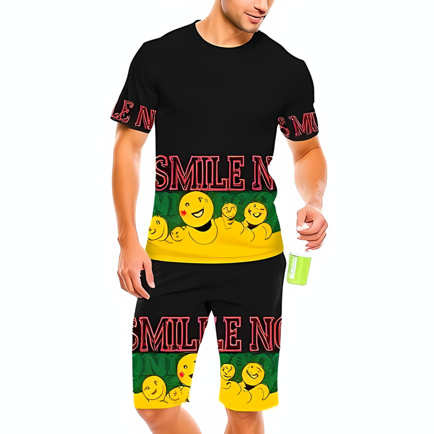 Vibrant Pattern T-Shirt and Shorts Set - Black with Smiling & 'SMILE ...