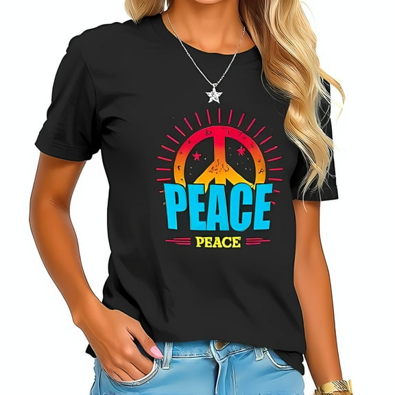 Vibrant Peace Symbol Cotton Short Sleeve T-Shirt with Colorful Design - Bold " PEACE " Print - Casual Style
