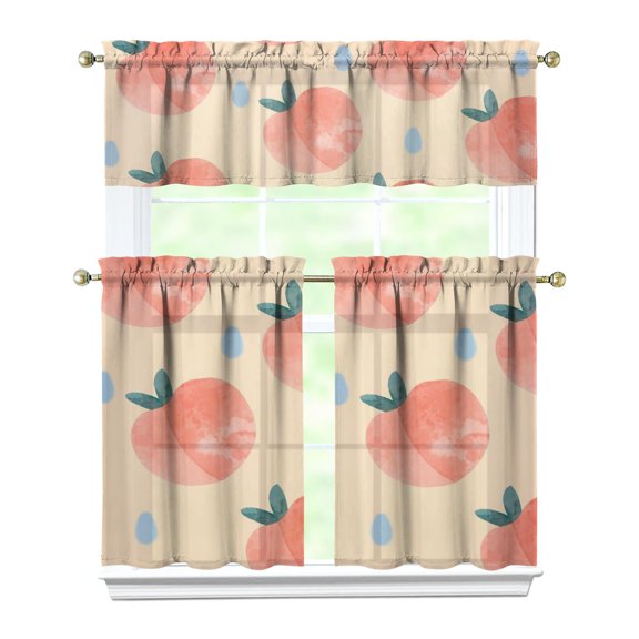Vibrant Peach Lover Kitchen Curtains Set, Abstract Summer Fruit Print Tier and Valance, Cute Kawaii Cartoon Design with Sweet Tropical Pattern for Kitchen or Office Decor