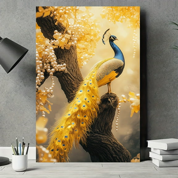 Vibrant Peacock Canvas Art Print - Frameless Wall Decor with Golden Branches and Flowers, Perfect for Living Room, Bedroom, Office, or Cafe