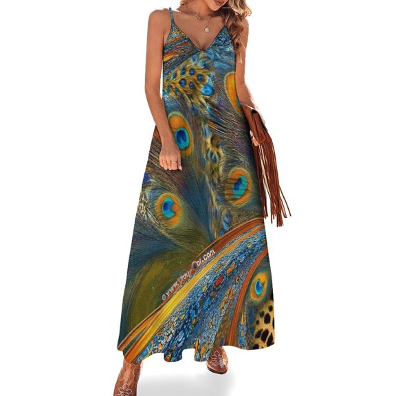 Vibrant Peacock Feather Abstract Art Sleeveless Suspender Dress Summer Fashion Casual Long Dress