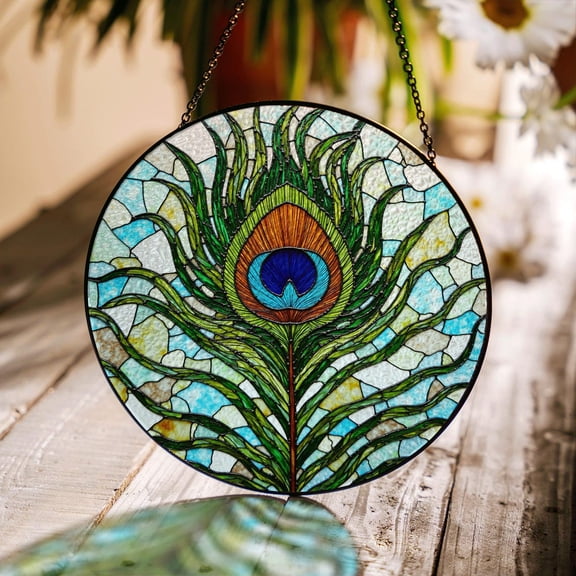 Vibrant Peacock Feather Art Glass Suncatcher, Window Hanging, 3.5 in