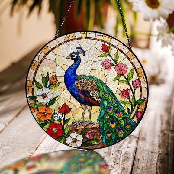 Vibrant Peacock Floral Glass Suncatcher, Round Window Hanging Bird Lovers, 7.9 in
