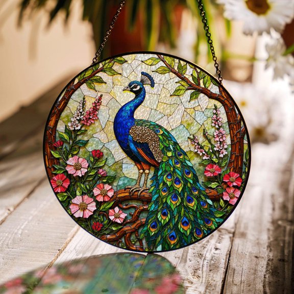 Vibrant Peacock Floral Glass Suncatcher, Window Hanging Decor, 6.3 in