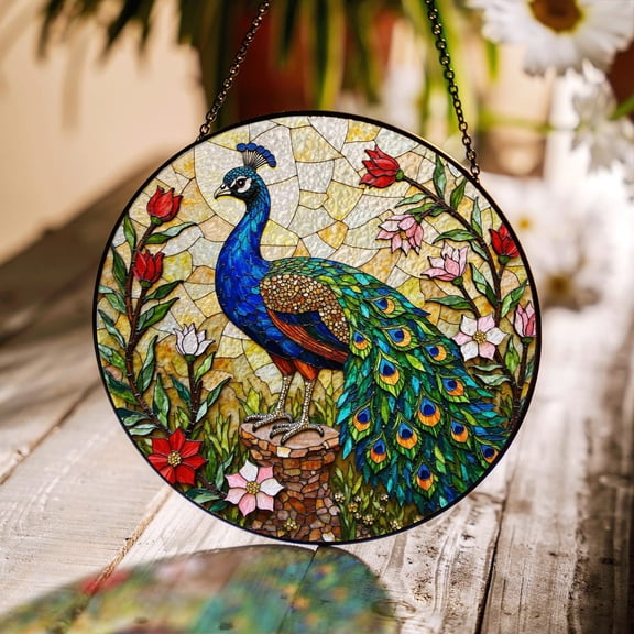 Vibrant Peacock Garden Glass Suncatcher, Window Decor Housewarming, 3.5 in