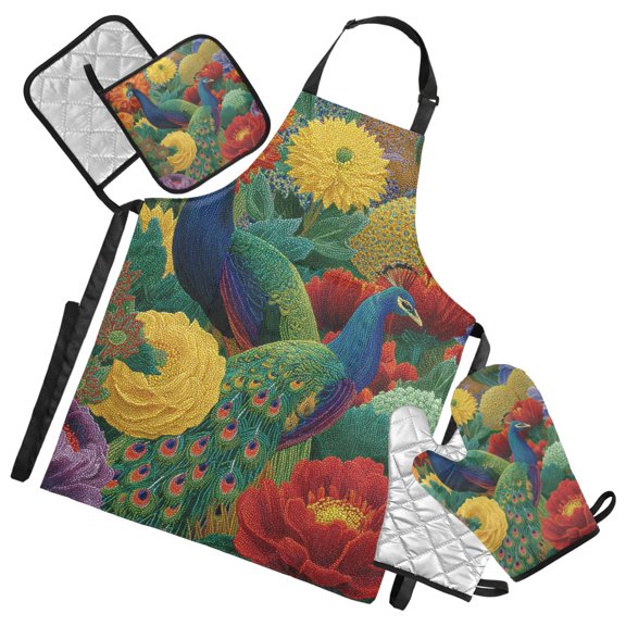 Vibrant Peacocks Amid Florals Apron Set with Oven Mitts Pot Holders Set of 5 Kitchen Stuff Accessories