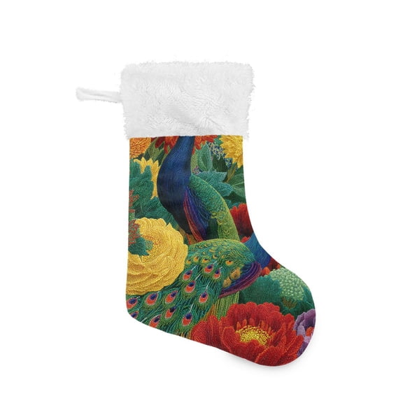 Vibrant Peacocks Amid Florals Christmas Stockings Large Capacity 18 inch Gift Bag with Hook Xmas Holiday Decor 2 Pack