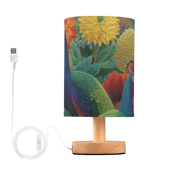 Vibrant Peacocks Amid Florals Table Lamp with USB Port LED Warm Light Lamp Night Light Home Decor