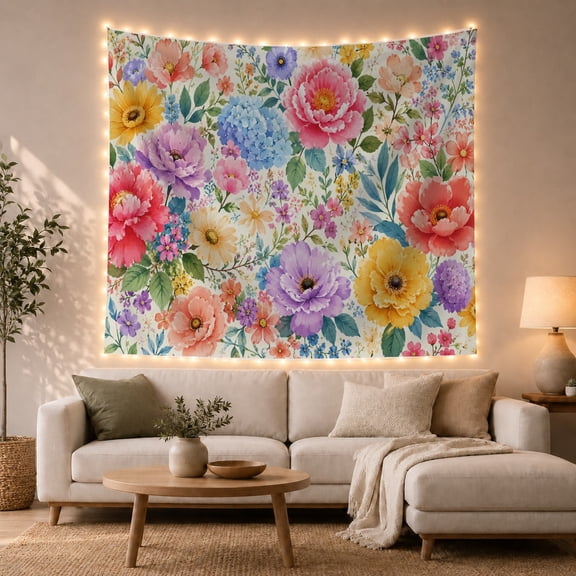 Vibrant Peonies and Hydrangeas Against a Cream Background, Romantic Watercolor for Flower Lovers, Botanical Wall Decor, Mother's Day Gift, Tapestry Wall Hanging for Bedroom and Living Room