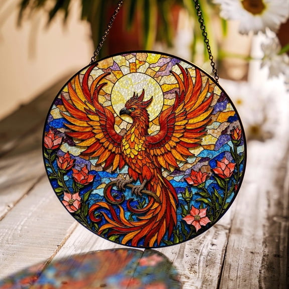 Vibrant Phoenix Bird Glass Suncatcher, Window Decor Mythology Lovers, 7.9 in