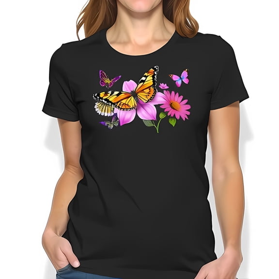 Vibrant Photorealistic Monarch Butterfly & Floral Print Cotton Short Sleeve T-Shirt for Women