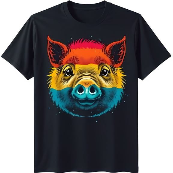 Vibrant Pig Face Graphic on Deep Blue T-Shirt Bold & Eye Catching Design