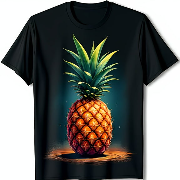 Vibrant Pineapple Graphic Black T-Shirt Design with Detailed Leaves