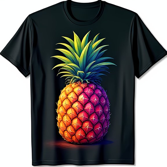 Vibrant Pineapple Graphic on Black T-Shirt Eye Catching Chest Design