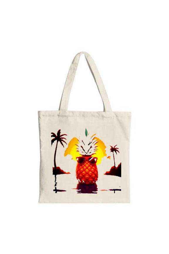 Vibrant Pineapple Tote Bag - Canvas Multifunctional Reusable Shopping Bag with Sunset & Palm Trees Perfect for Parties & Travel