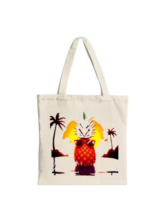 Vibrant Pineapple Tote Bag - Canvas Multifunctional Reusable Shopping Bag with Sunset & Palm Trees Perfect for Parties & Travel