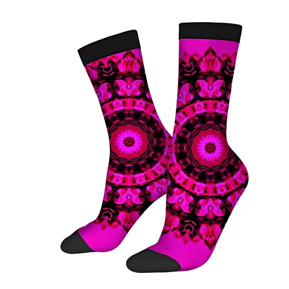 Vibrant Pink & Black Pattern Socks - Intricate Star Design with Concentric Circles 2 Pairs of Unisex Trendy Socks for All Seasons