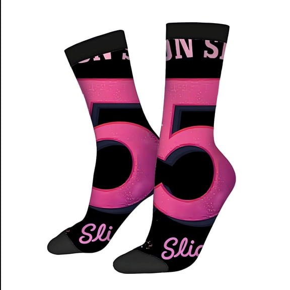Vibrant Pink & Black Trendy Socks 2 Pairs Unisex Featuring Bold Number ' 5 ' & ' Slide ' Cursive Design Perfect for All Seasons