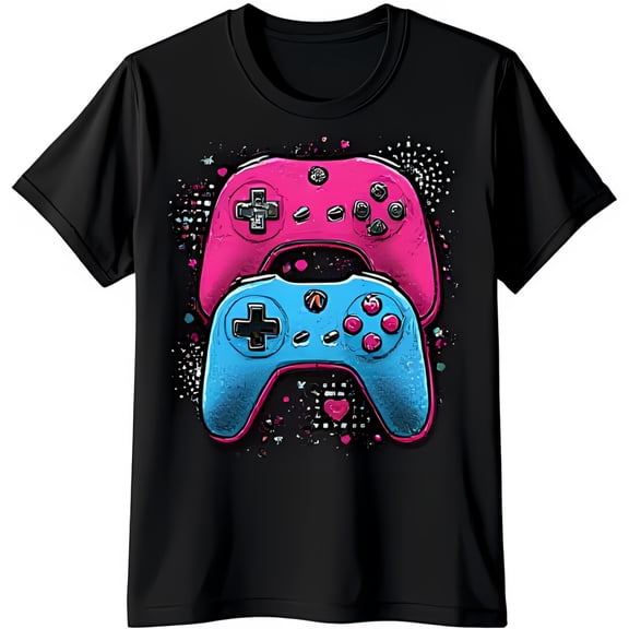 Vibrant Pink & Blue Controllers Graphic Black T-Shirt for Gamers